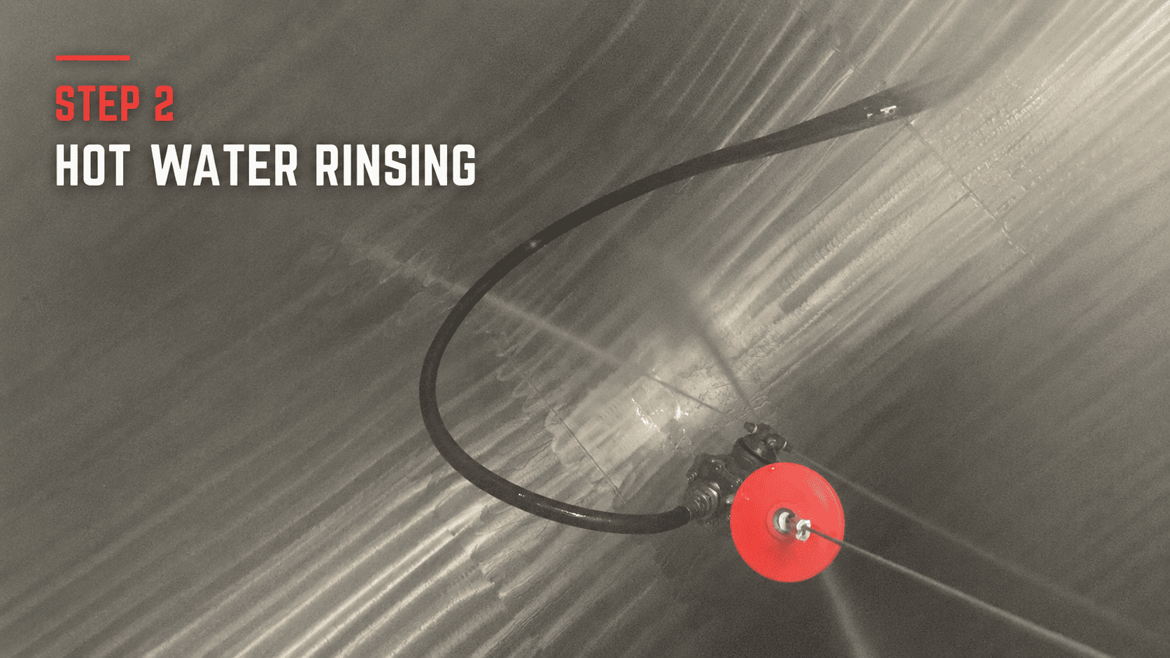Hot water rinsing during professional interior tank cleaning